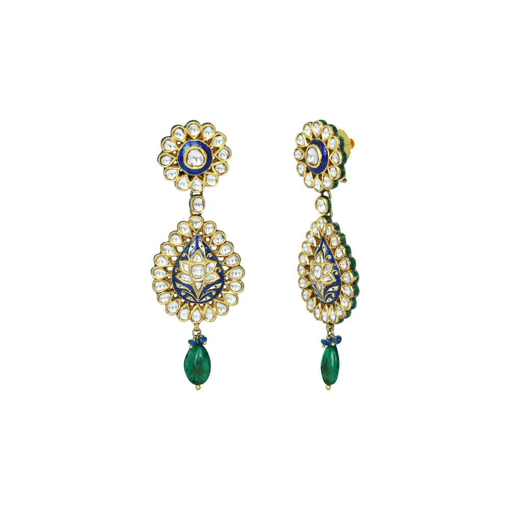 Blue Enamel Polki Earrings with Floral Design and Emerald Drops